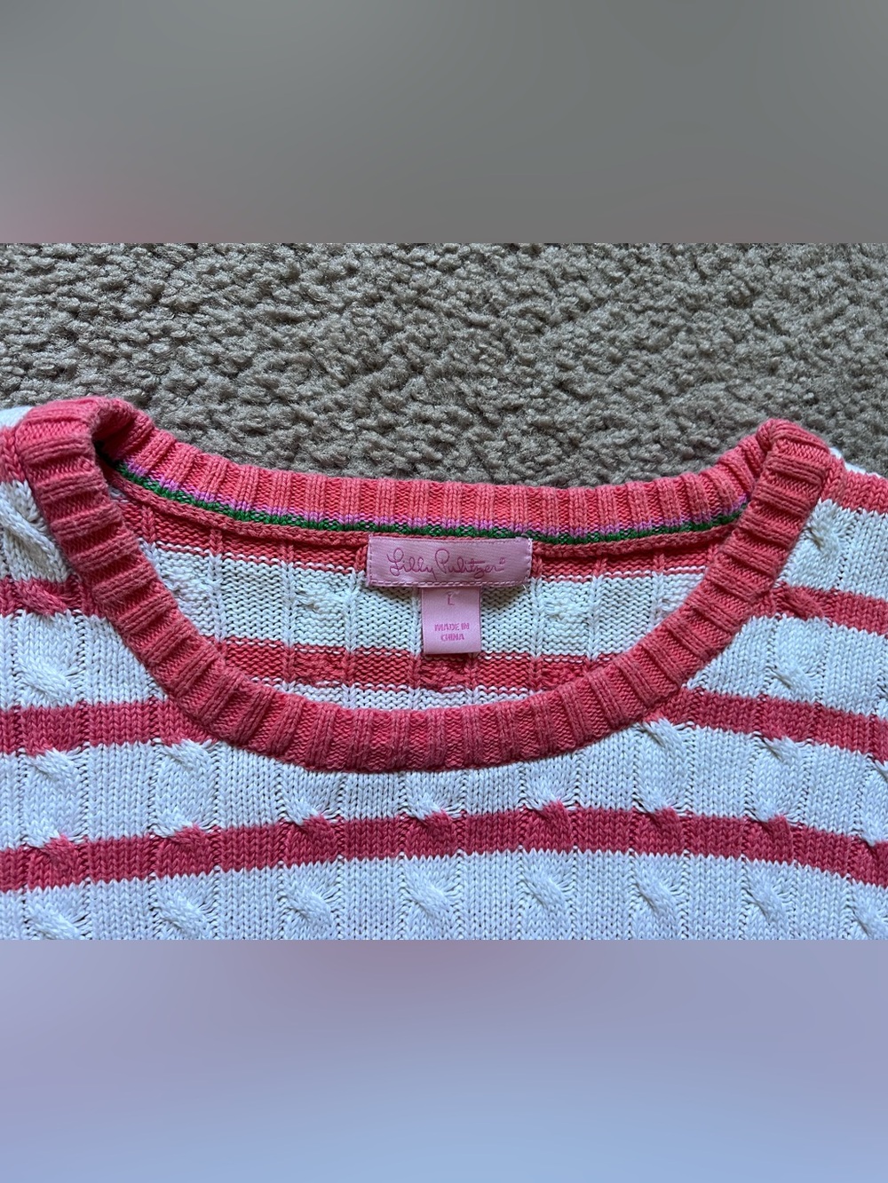 Lilly Pulitzer Pink & White Striped Cable Knit Cotton Sweater Palm Tree Logo L - Picture 4 of 9